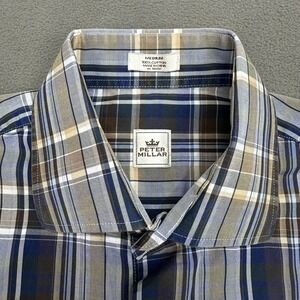 Peter Millar Men's Button-Up Long Sleeve Shirt Blue Brown Plaid Size Medium